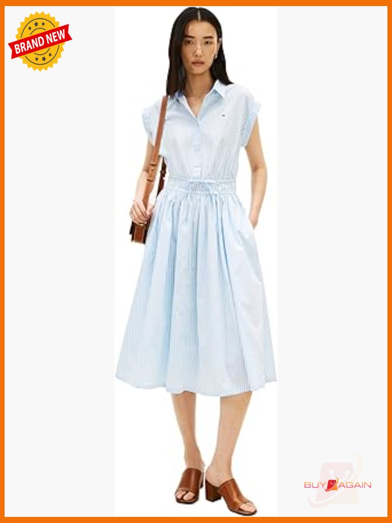 Sleeveless Cotton Striped Midi Dress With Elastic Waist